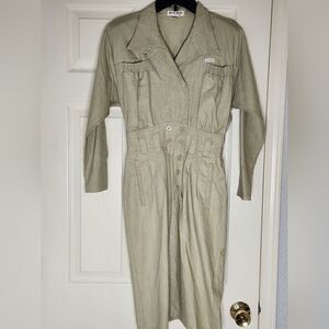 Vtg Nok Nok S SageGreen LngSlv Safary Style KhakiPockets RamieCotton Women Dress